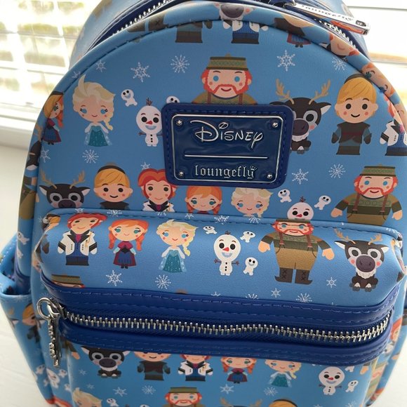 Loungefly Disney Frozen Elsa Anna Sven Olaf Print Chibi Mini Blue Backpack - Picture 8 of 8